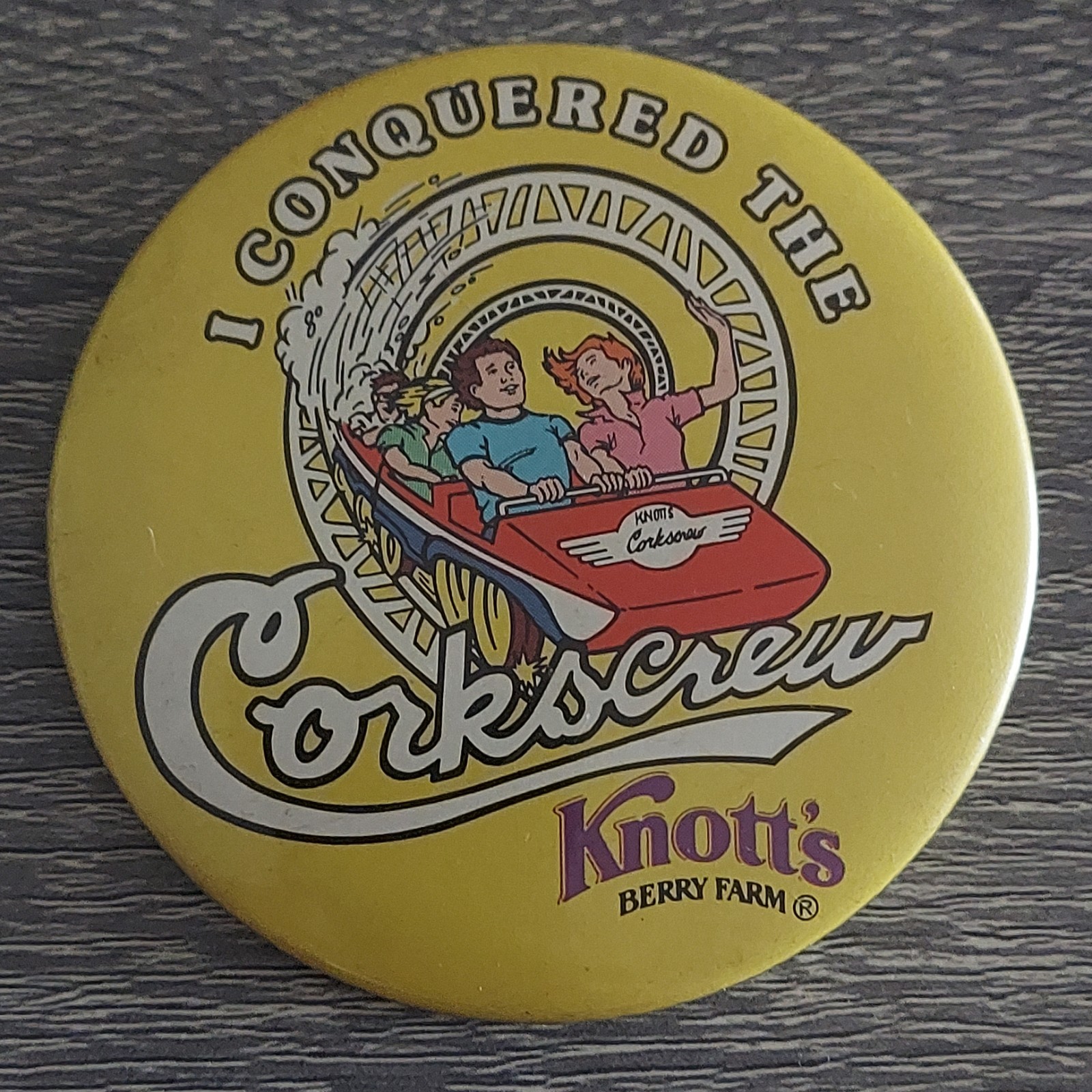 VINTAGE KNOTT\'S BERRY FARM  “I CONQUERED THE CORKSCREW” 3” PINBACK BUTTON RARE