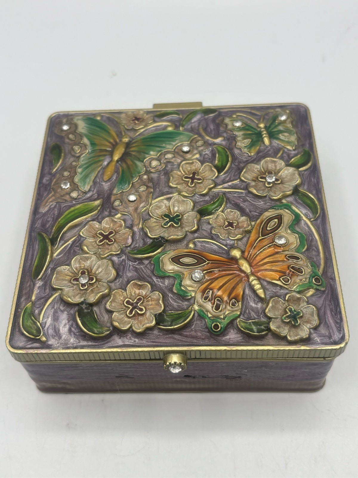 Enameled Bejeweled Butterfly Floral Hinged Trinket Box Interior Mirror Velvet Enameled Bejeweled Butterfly Floral Hinged Trinket Box Interior Mirror Velvet