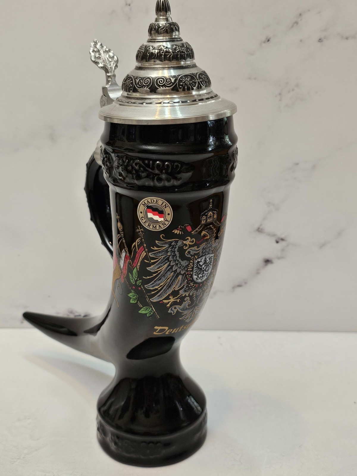 King Werk German Beer Stein Lidded Horn Black Deutschland Imperial Eagle 0.5L