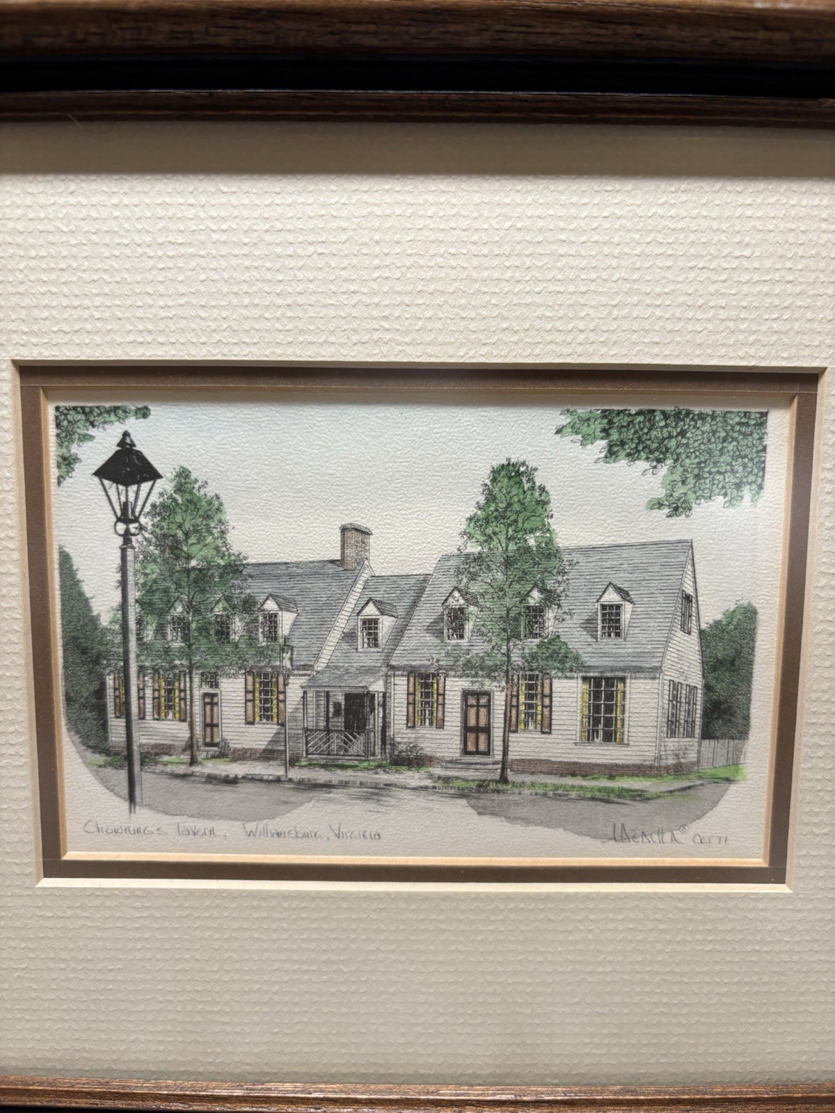 A. Dedlila Lithograph Chowning\'s Tavern- Williamsburg VA 1977 Framed Signed  VTG