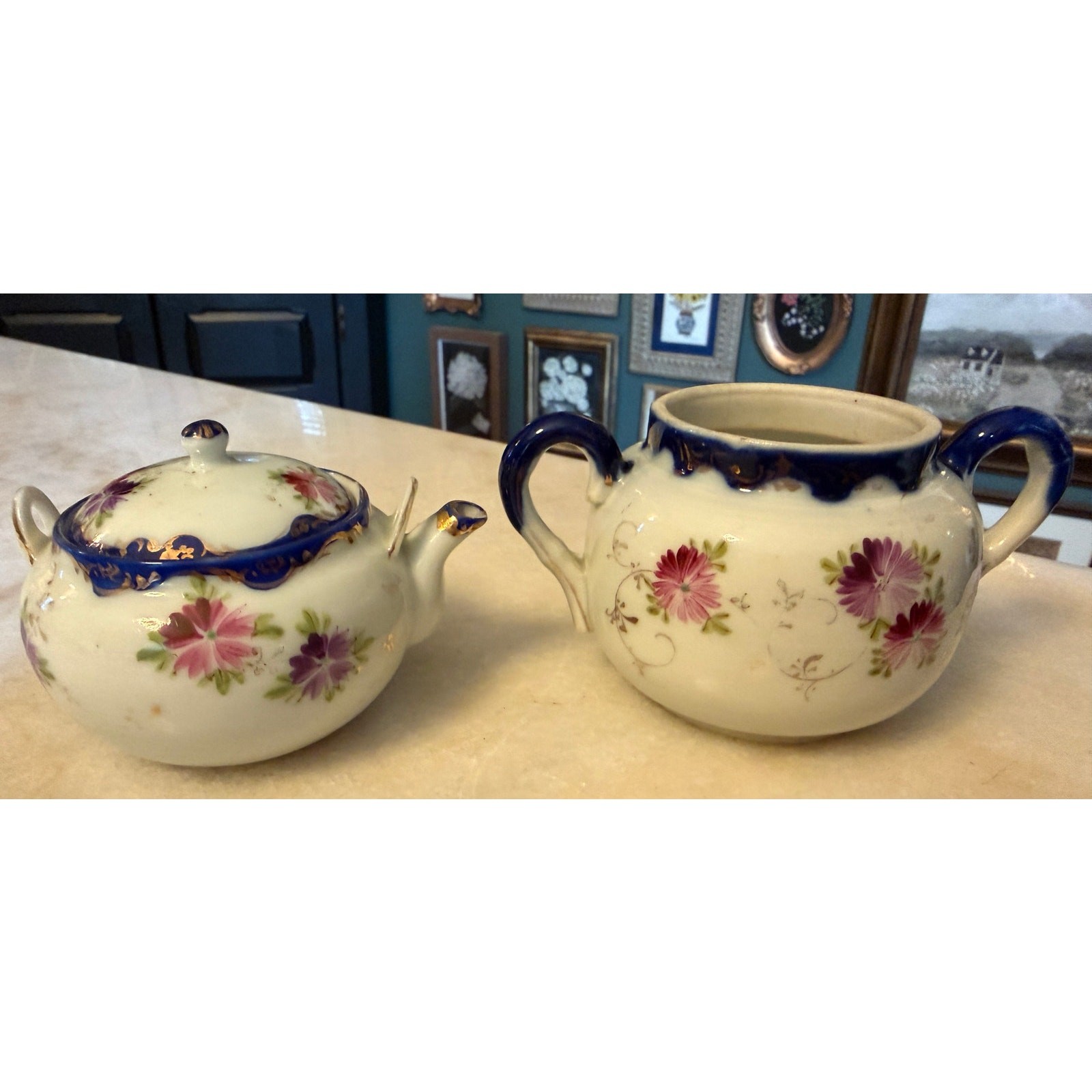 Vintage Cobalt Blue & White Porcelain Small Teapot & Two-Handled Bowl Set Vintage Cobalt Blue & White Porcelain Small Teapot & Two-Handled Bowl Set