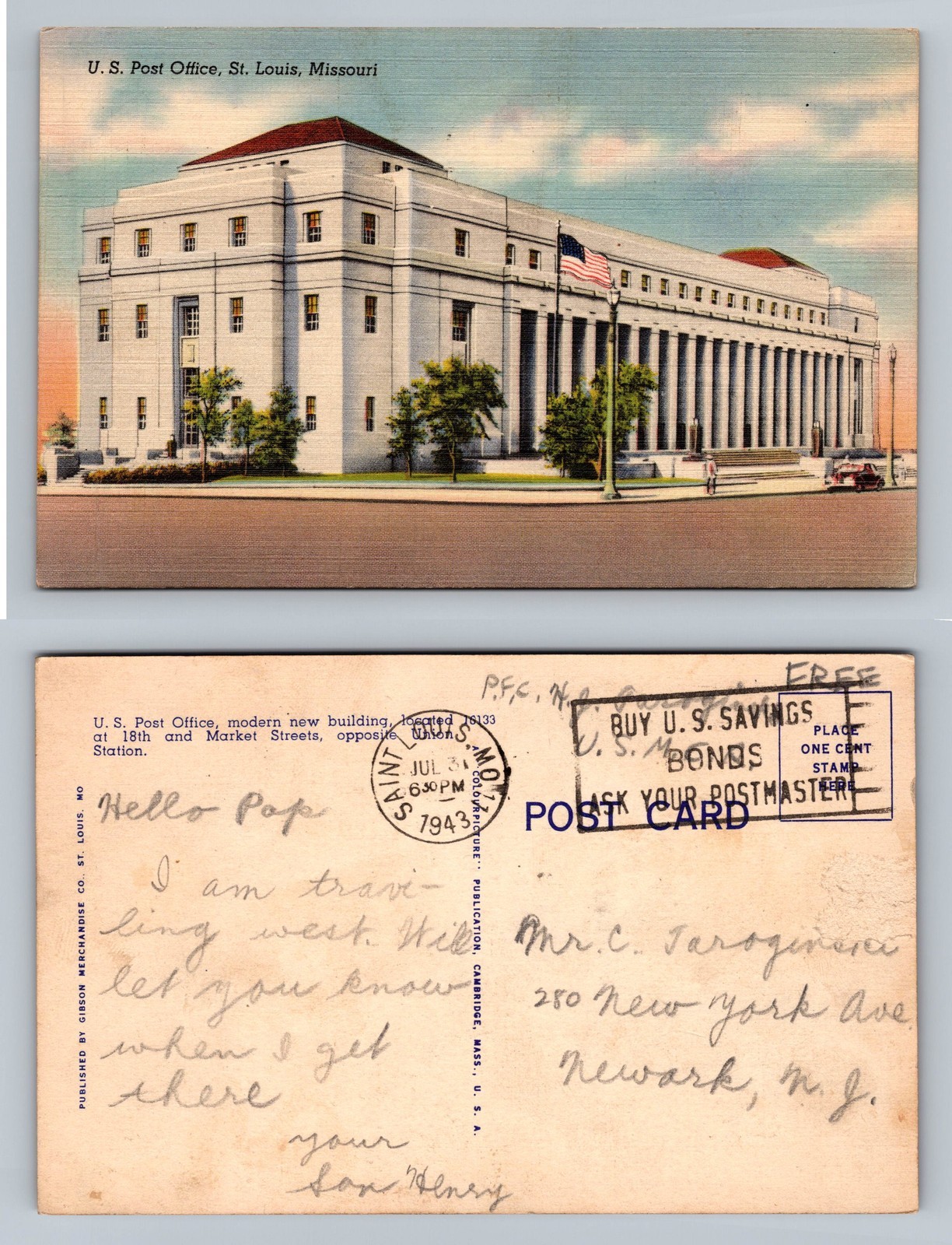 St. Louis, MO-Missouri, U.S. Post Office Column Front c1943 Vintage Postcard