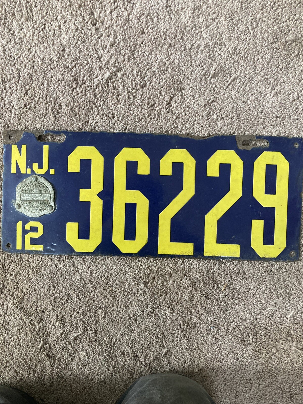 1912 New Jersey Porcelain License Plate - 36229 - With Badge - Very Nice