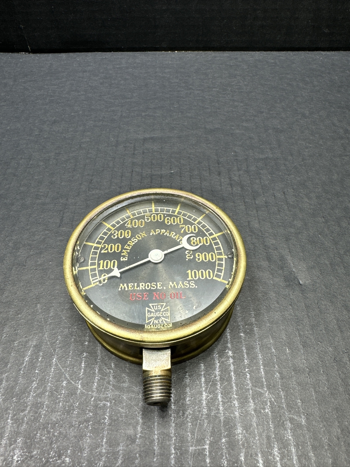 Antique Brass US Gauge Co. NY Emerson Apparatus Co Melrose Mass USE NO OIL 1000 Antique Brass US Gauge Co. NY Emerson Apparatus Co Melrose Mass USE NO OIL 1000