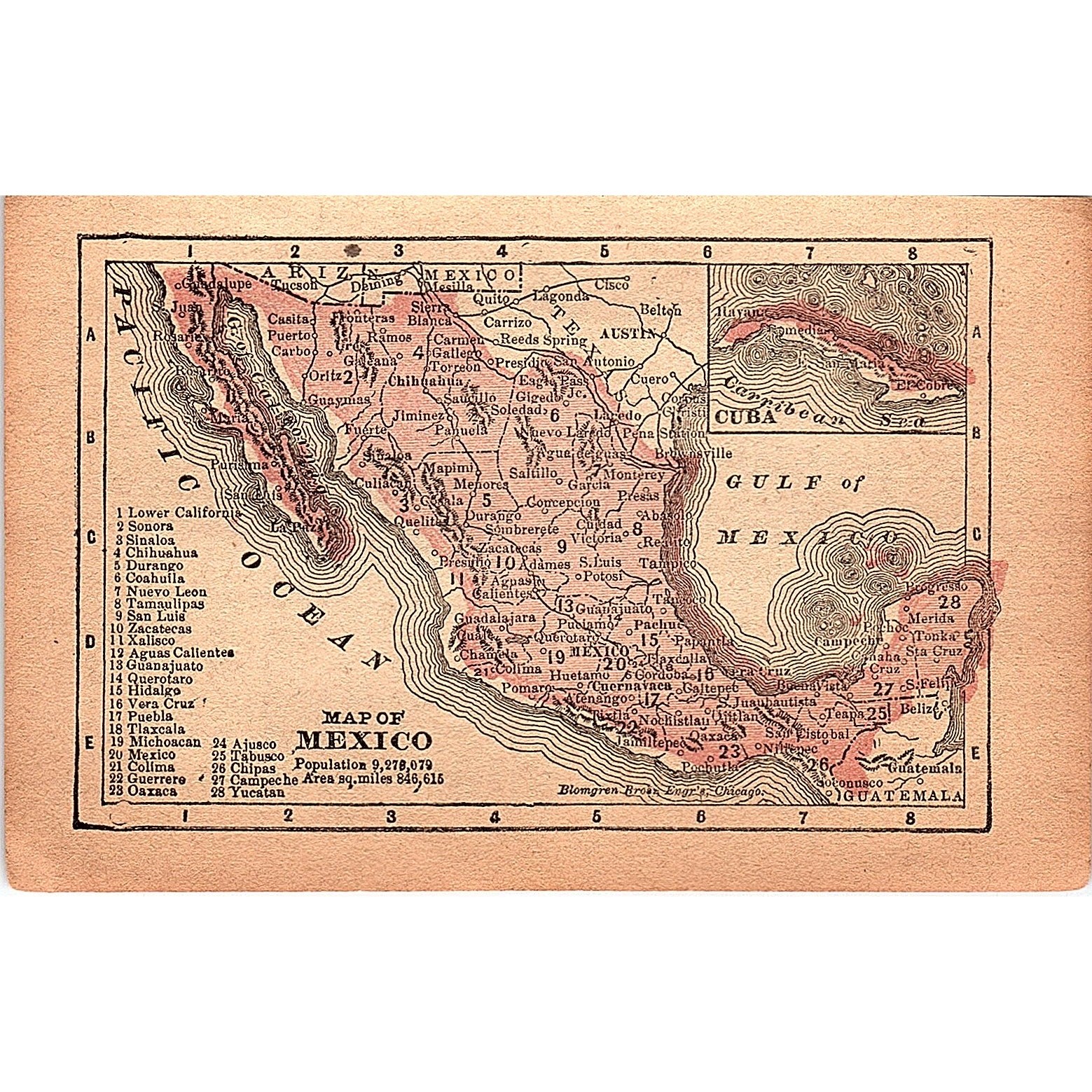 Antique 1889 Map of Mexico 1889 Pocket Map Engraving SAG4-H3