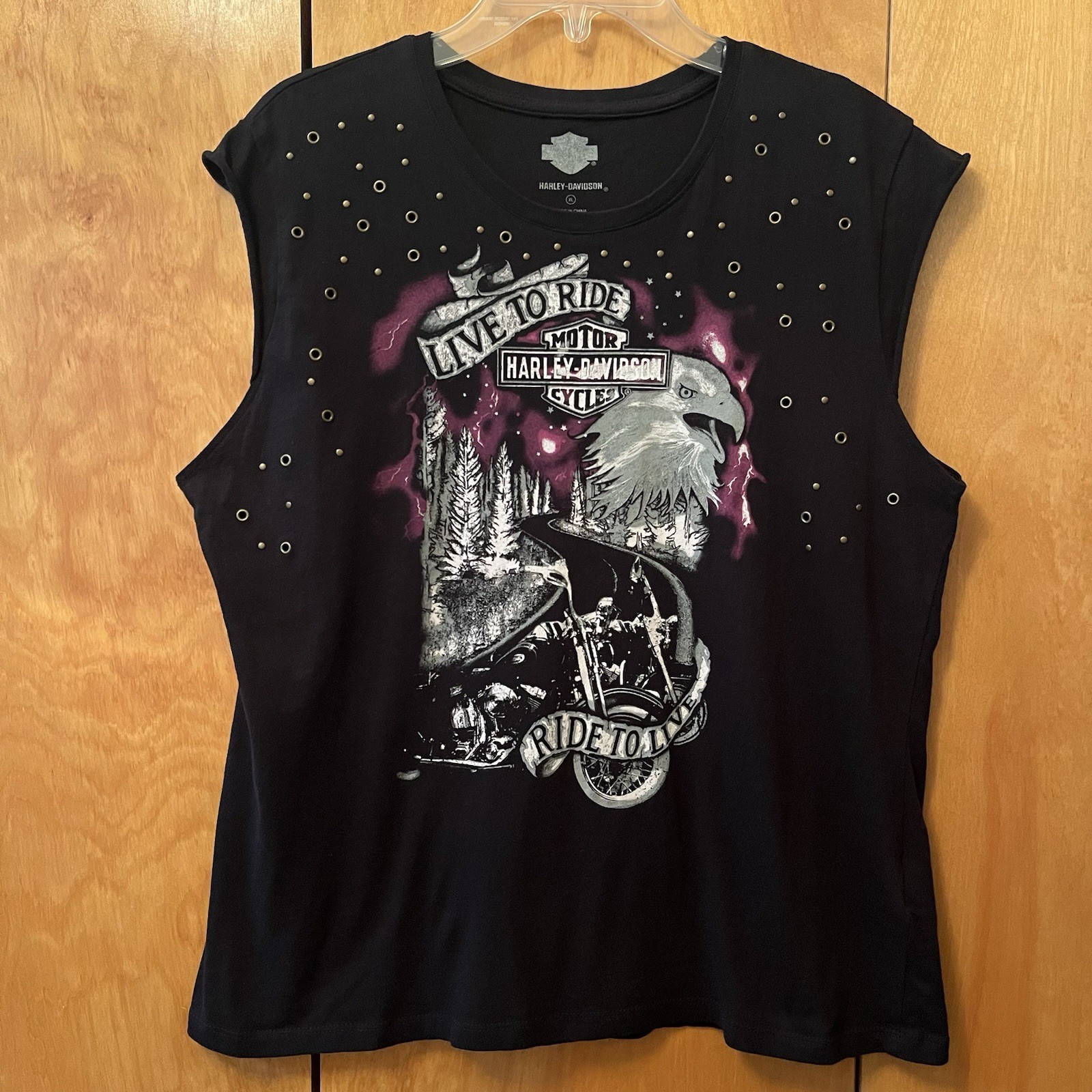 Harley Davidson Women's XL Sleeveless T-Shirt w/Brass Grommets Live To Ride