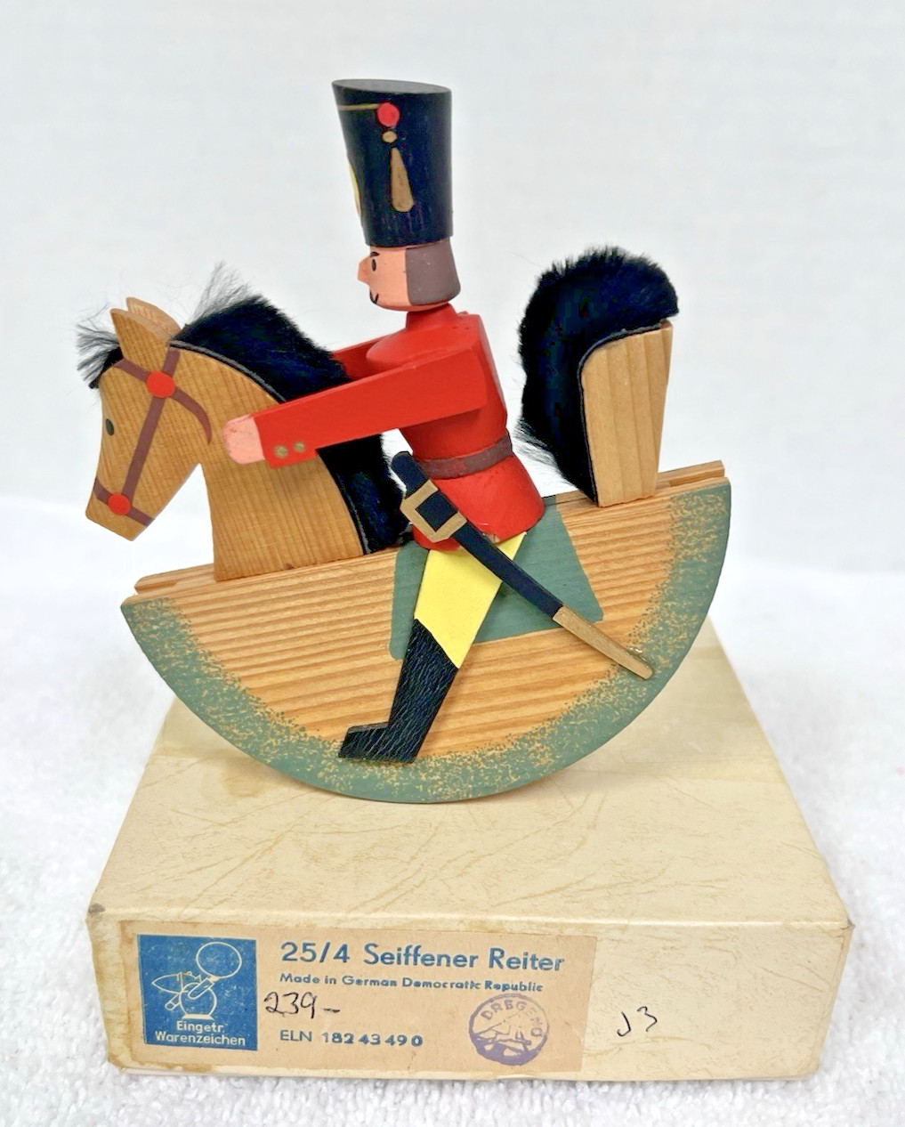 Vintage Seiffener Reiter Red Black German Soldier Rocking Horse Original Box