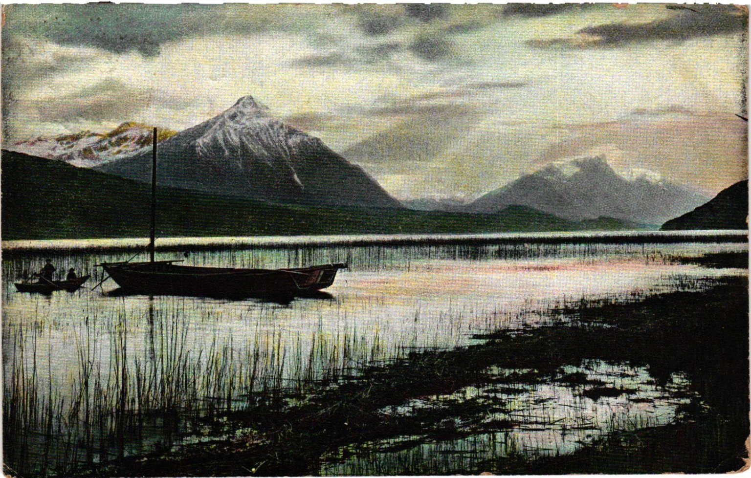 Vintage 1910 Mountain Lake Postcard Boat & Snowy Peaks Amer Landscape Series