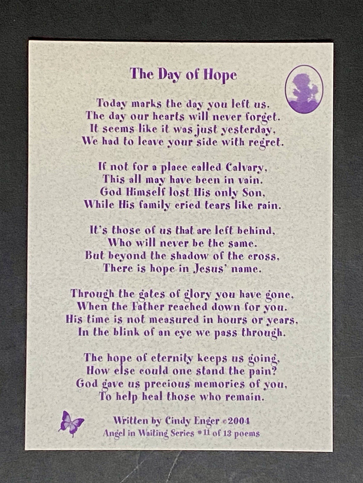 “ The Day Of Hope “ Religious Inspirational Sympathy Poem 3x4” Postcard