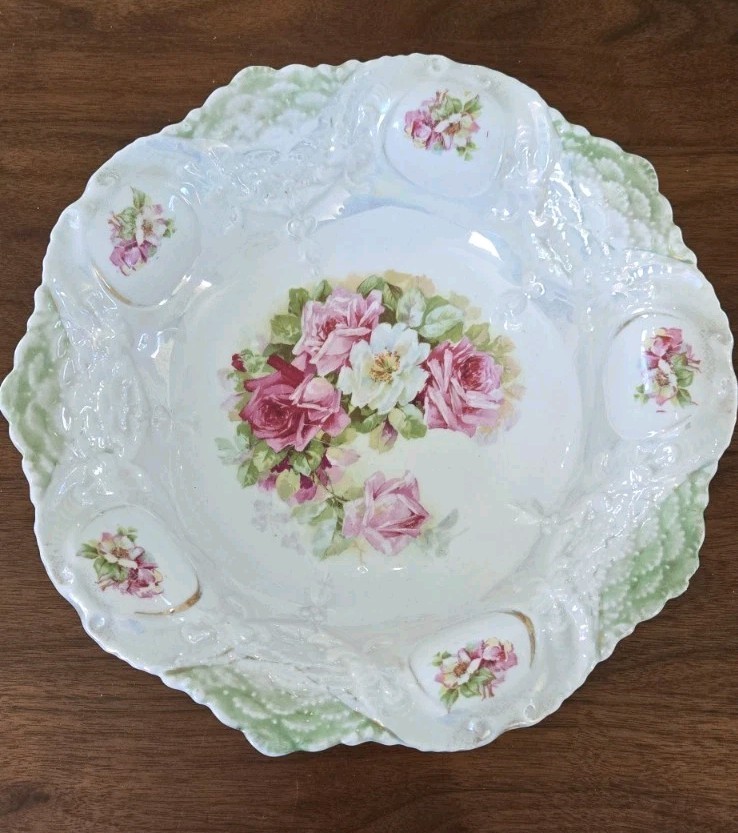 P.S. Germany Serving Bowl Pearl Lusterware Antique Porcelain 10.25 Dia