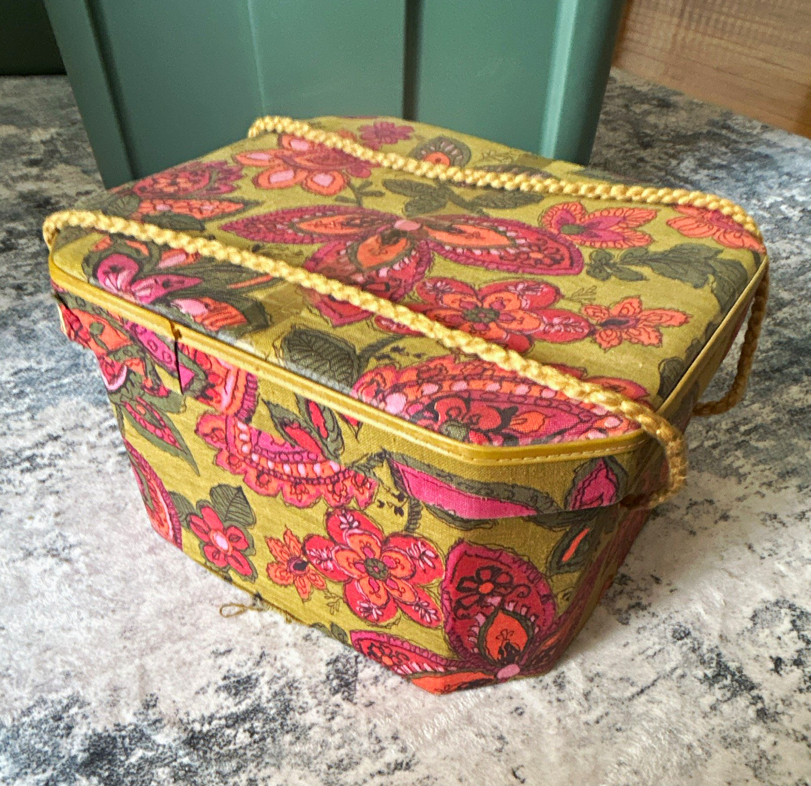 Vintage Floral Fabric-Covered Octagonal Box with Lid & Rope Handle