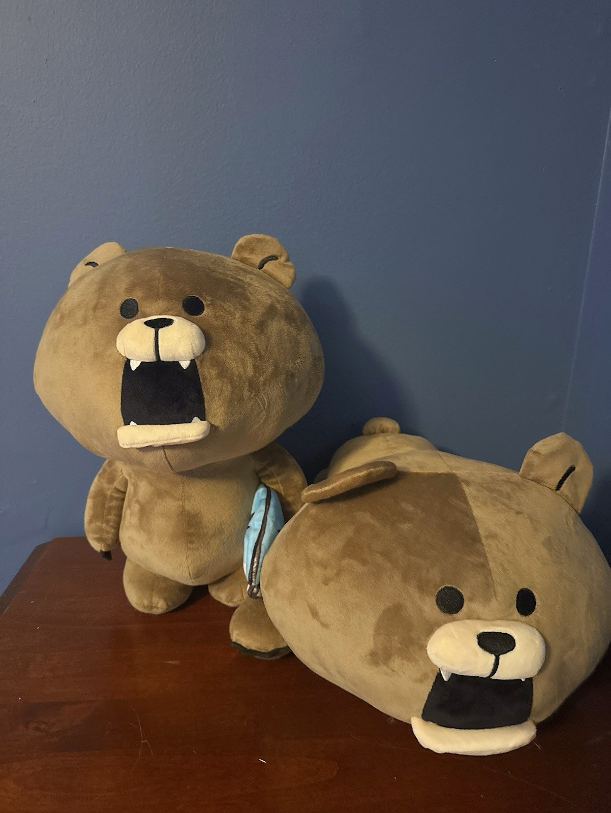 SMORE Brown Bear Laying On Belly 16in Plush Round1 & SMORE Bear with Fish