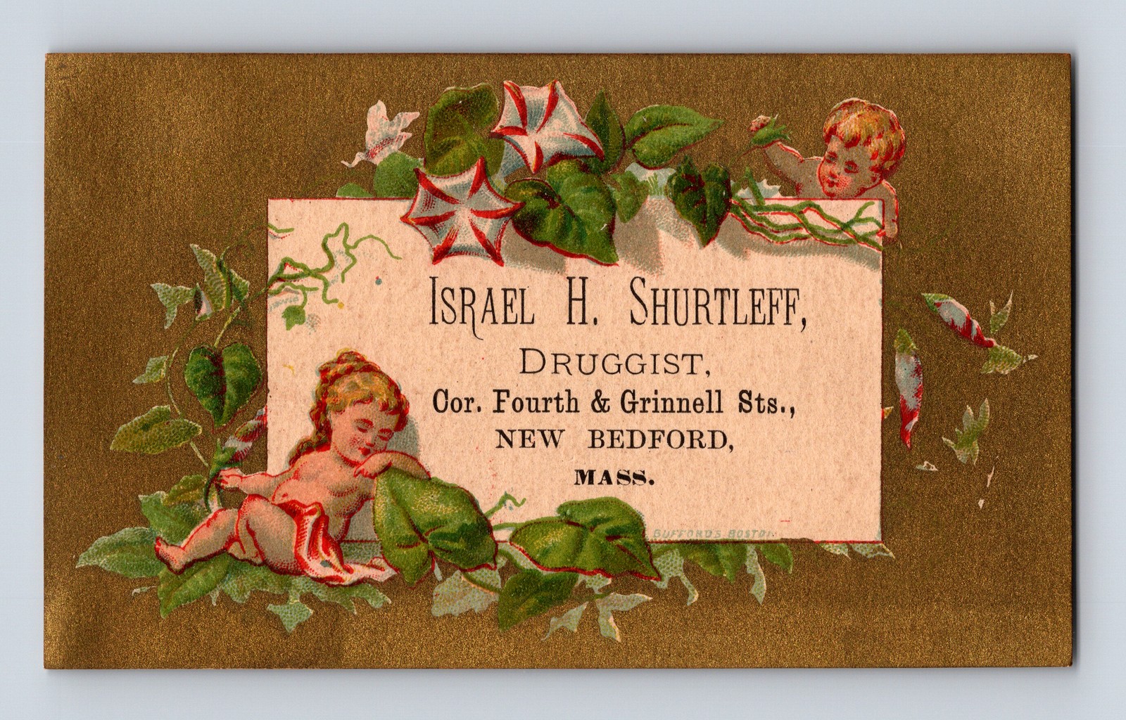 Israel H. Shurtleff Druggist Cherubs New Bedford MA Victorian Trade Card