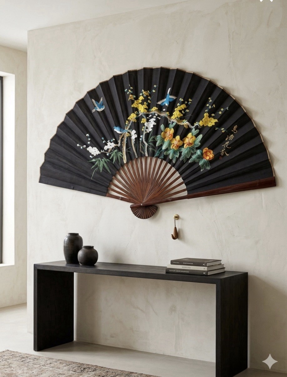 Large 72” Hand Painted Oriental Silk Wall Fan VTG Asian Floral Bird Decor