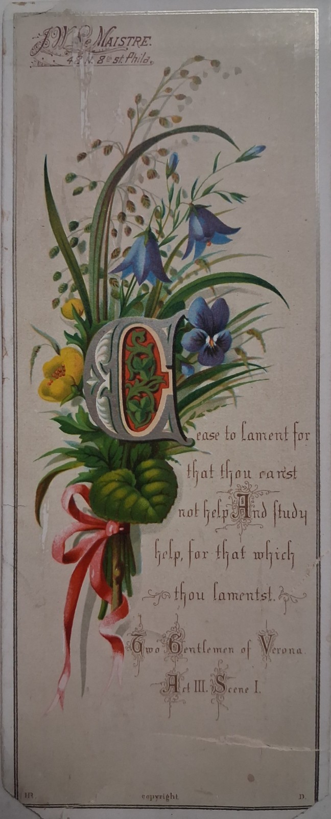 1870s-80s Victorian Bookmark FLORAL Shakespeare