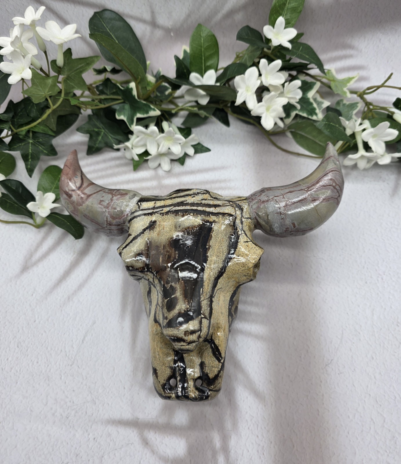 Picture Jasper Longhorn Bull Skull Carving 9” Western Stone Decor 4lb 6.3oz
