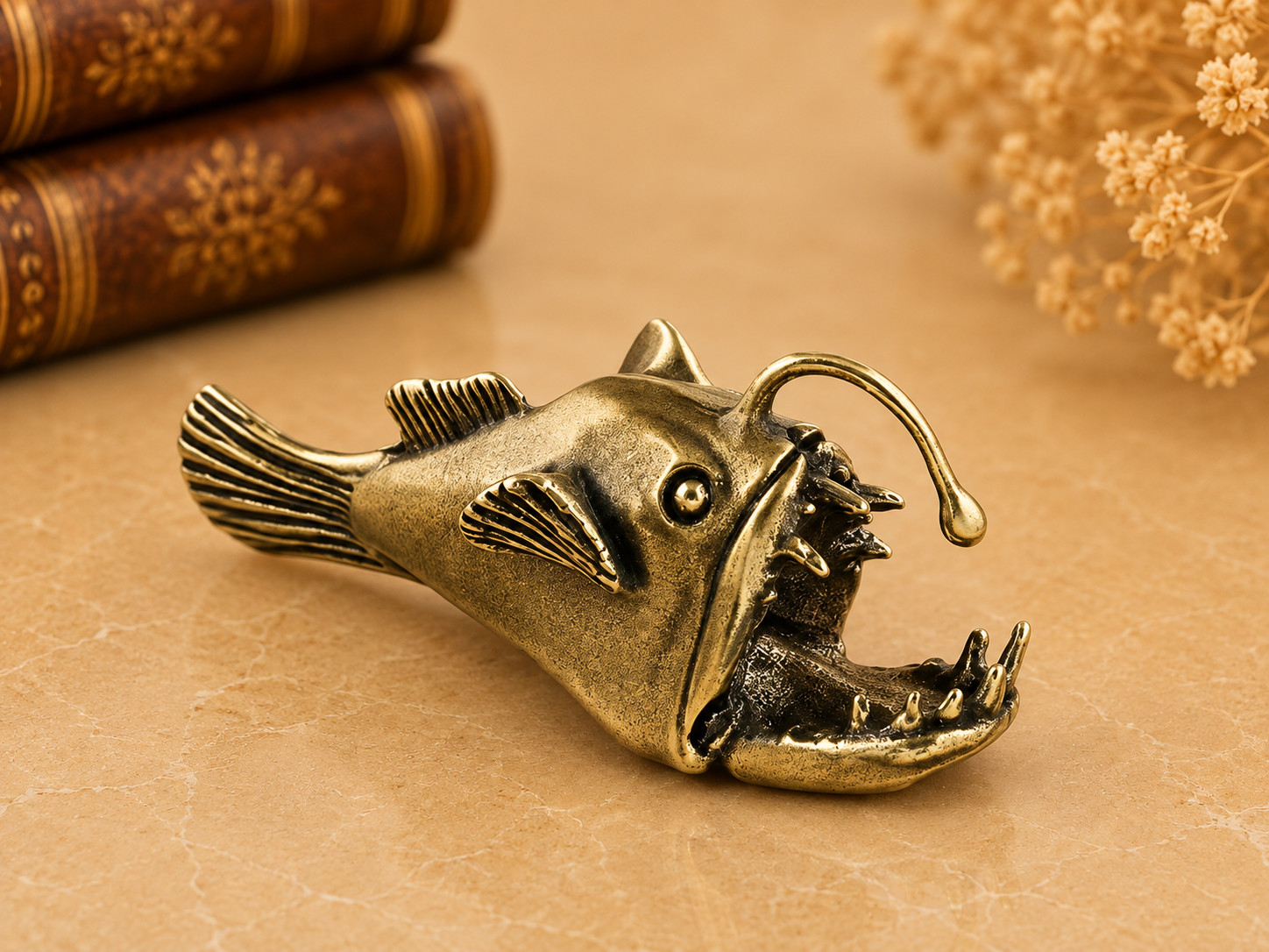 Mini Vintage Brass Angler Fish Statue Ornament Animal Collectible Ocean Lovers