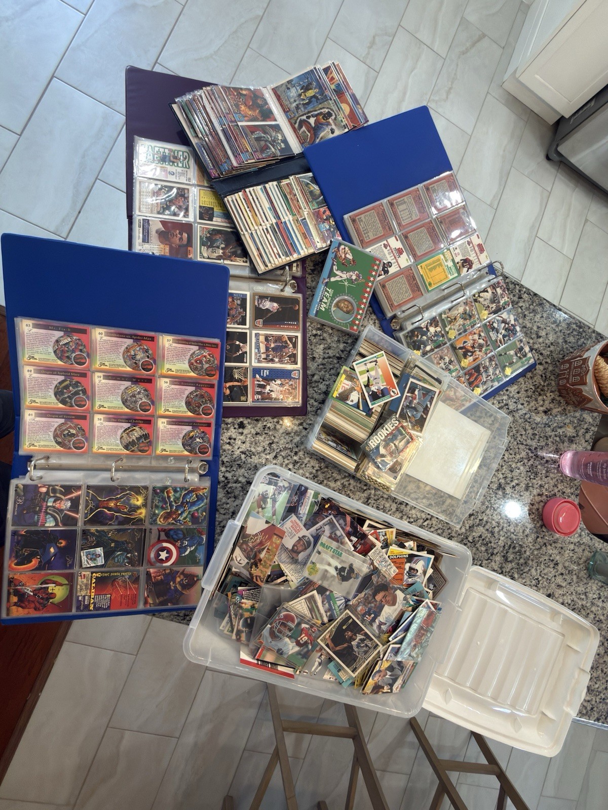 80s-90s Marvel And Sports Cards Collection, 1000+ Cards 4 Binders 2 Tubs Full