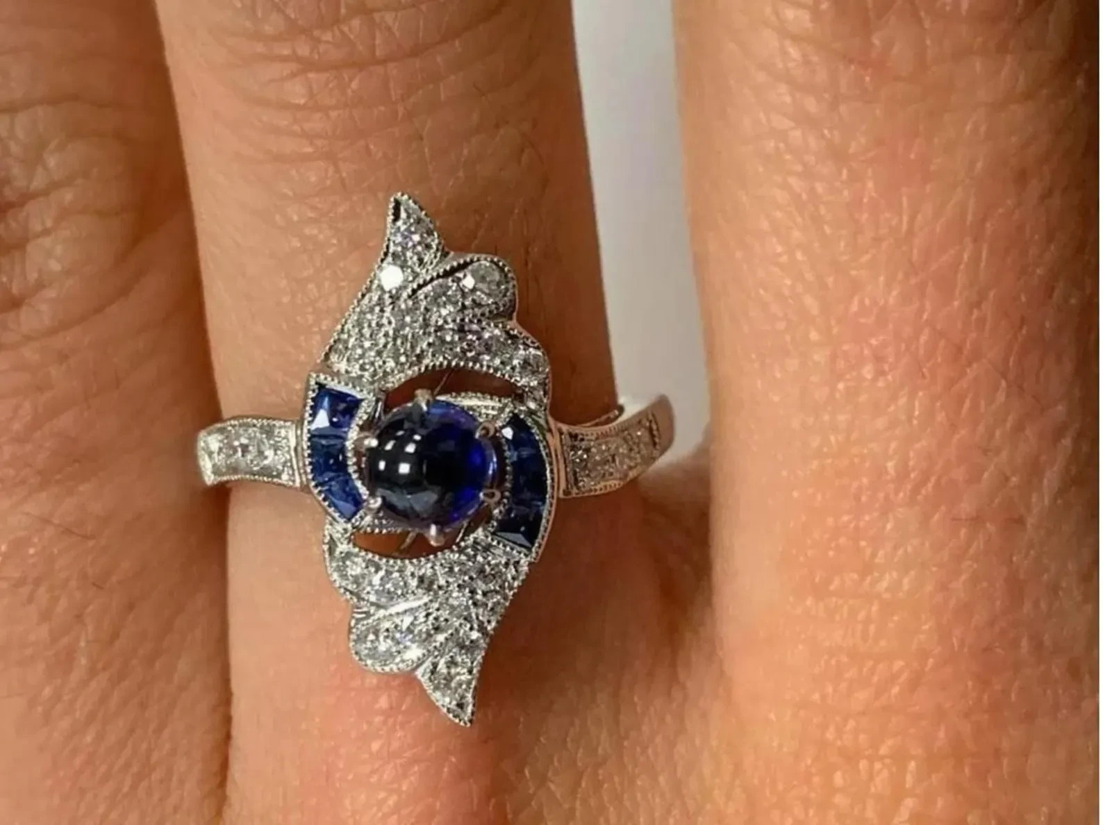 3Ct Art Deco Lab Created Sapphire & Diamond Wedding 14K White Gold Plated Ring