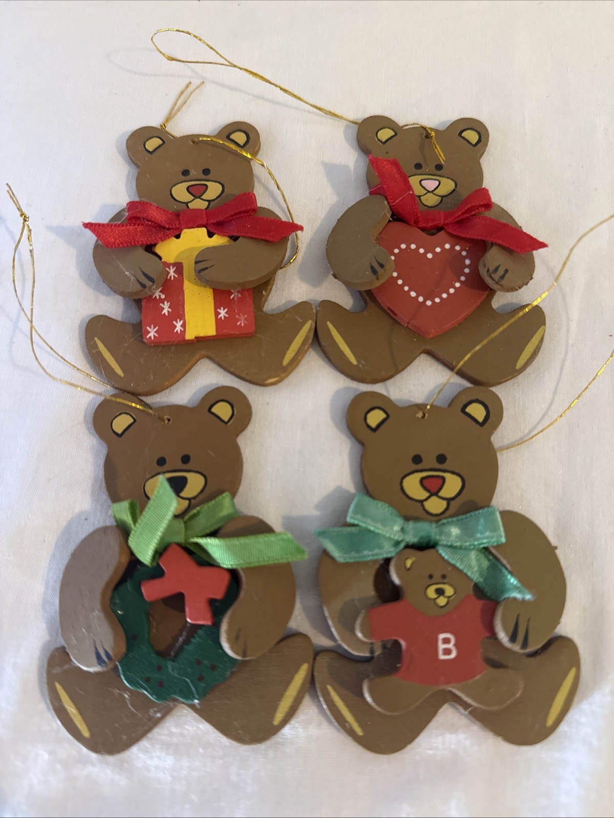 Handcrafted Vtg Set Of 4 Wooden Teddy Bears Christmas Ornaments 3x2 in.