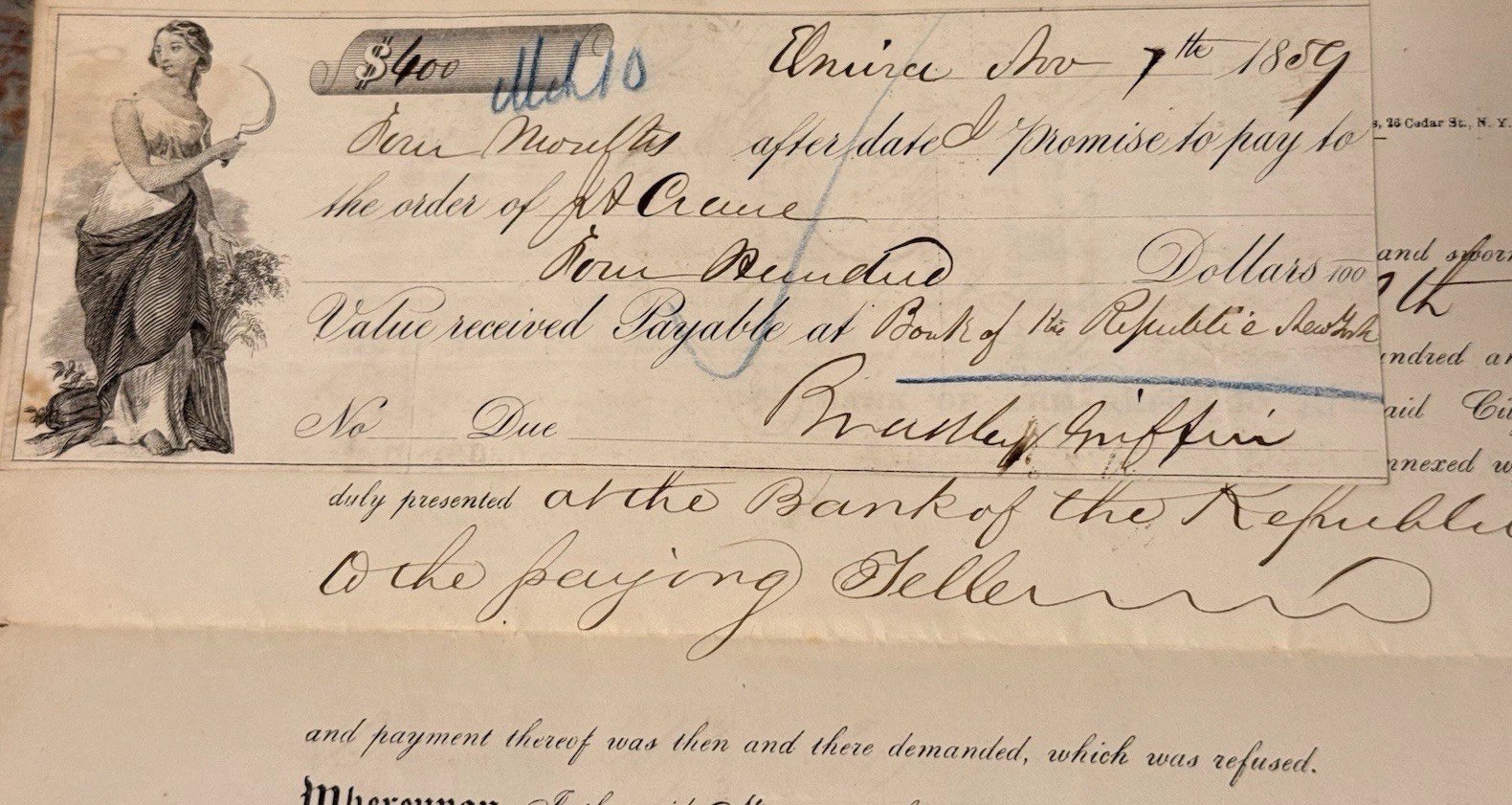 1859 Signed Protested Note: Bank of the Republic NYC - Jonathan S. Ely Notary