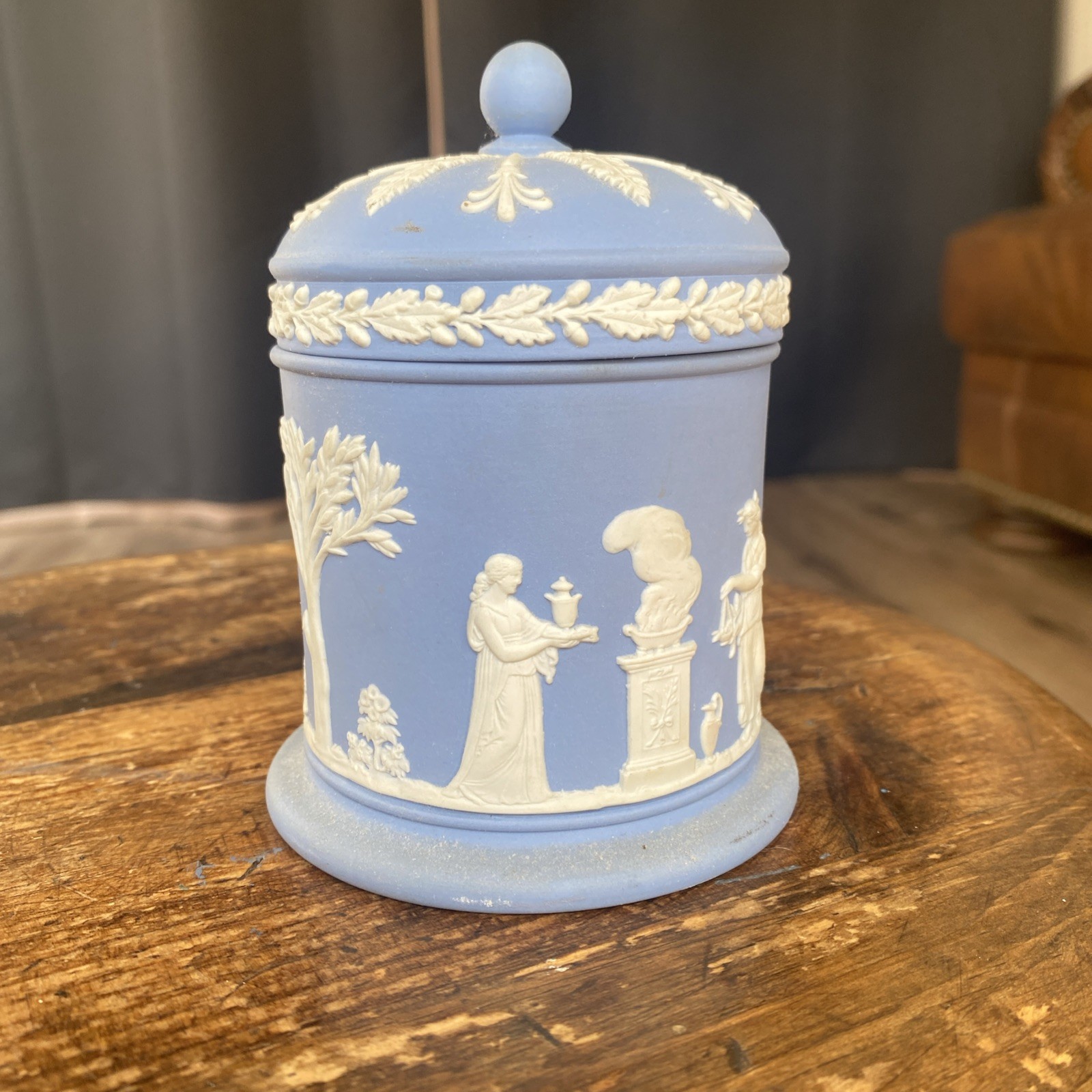 Vintage Wedgwood Blue & White Jasperware 4 1/2” Tobacco Jar With Lid 