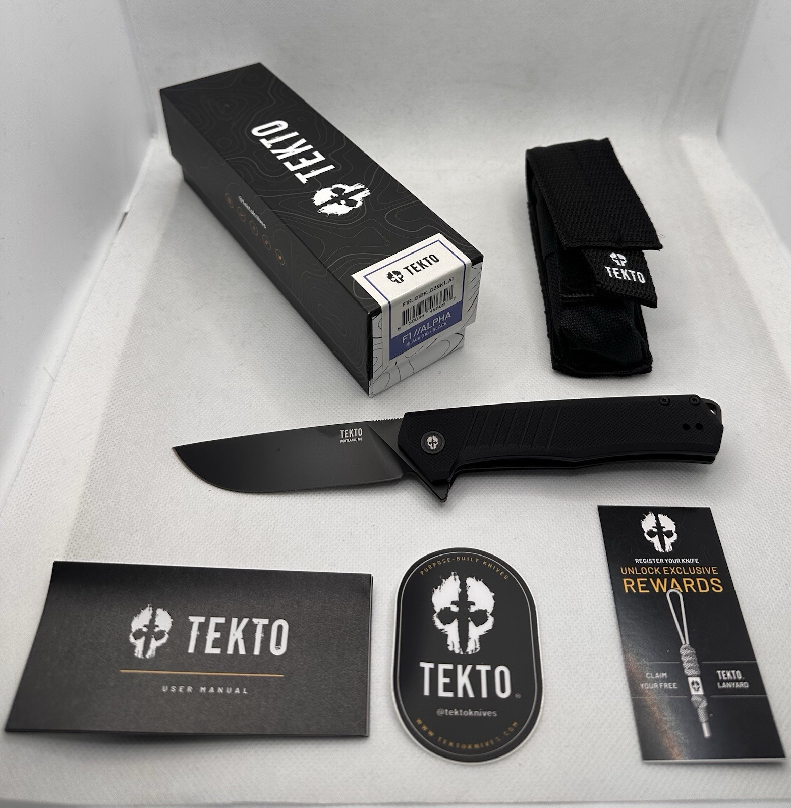 TEKTO F1 Alpha Folding Knife, Black G10 Handle with Black Accents, D2 Steel