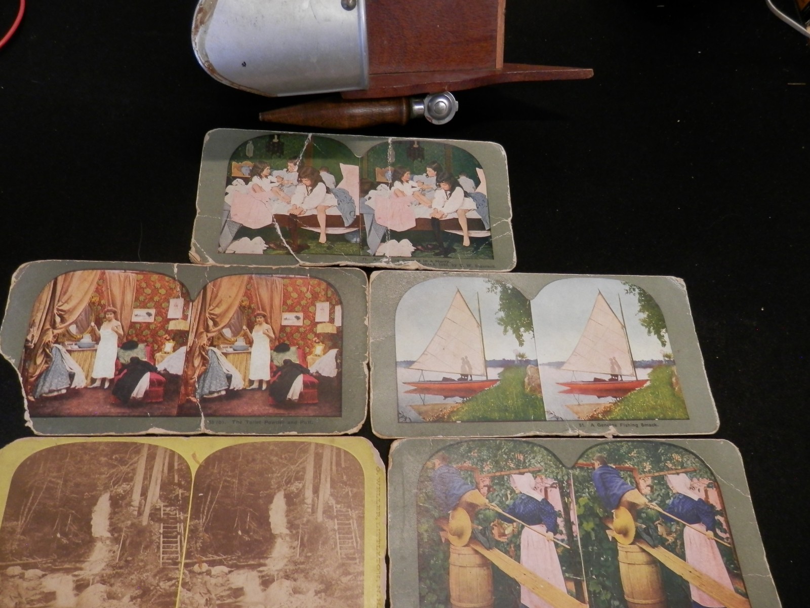 Antique Wooden Frame/Handle Stereoscope Viewer w/ Etched FacePlate w/ 5 Slides Antique Wooden Frame/Handle Stereoscope Viewer w/ Etched FacePlate w/ 5 Slides