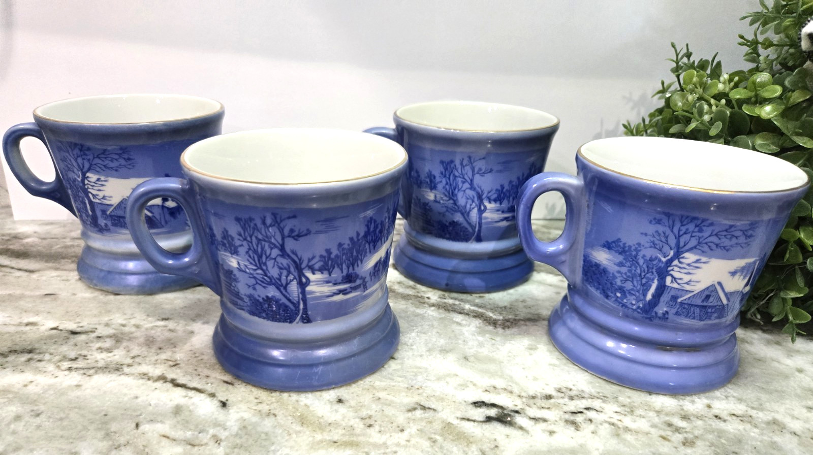 Currier & Ives Blue White Winter Scene Ceramic Collectible Mugs Set of 4, 1981