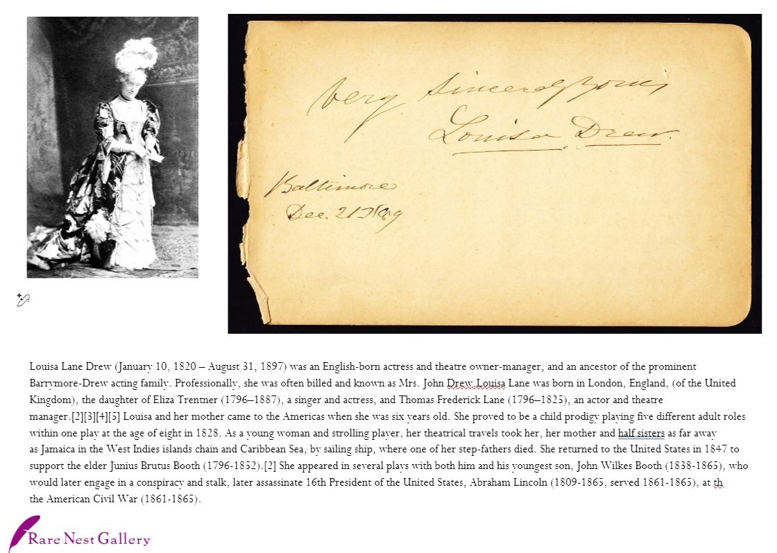Louisa Drew Autograph for Martha Ford 1889 Drew Barrymore Ancestor RARE Theater