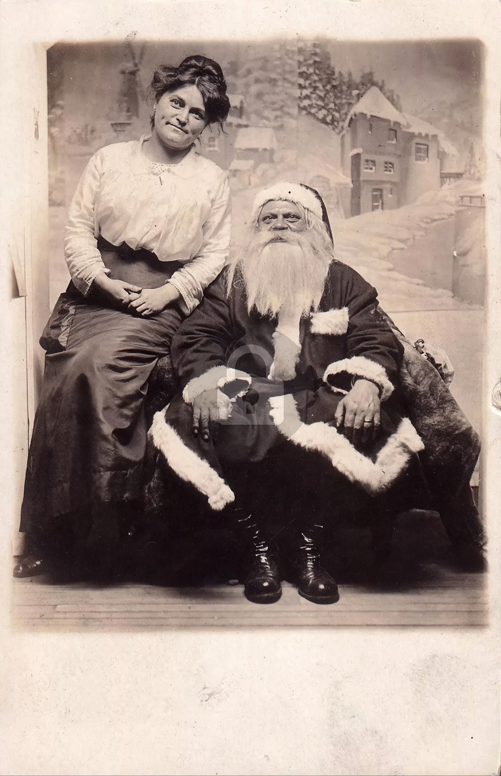 Studio Santa Claus Woman Christmas RPPC Photo Postcard COPY