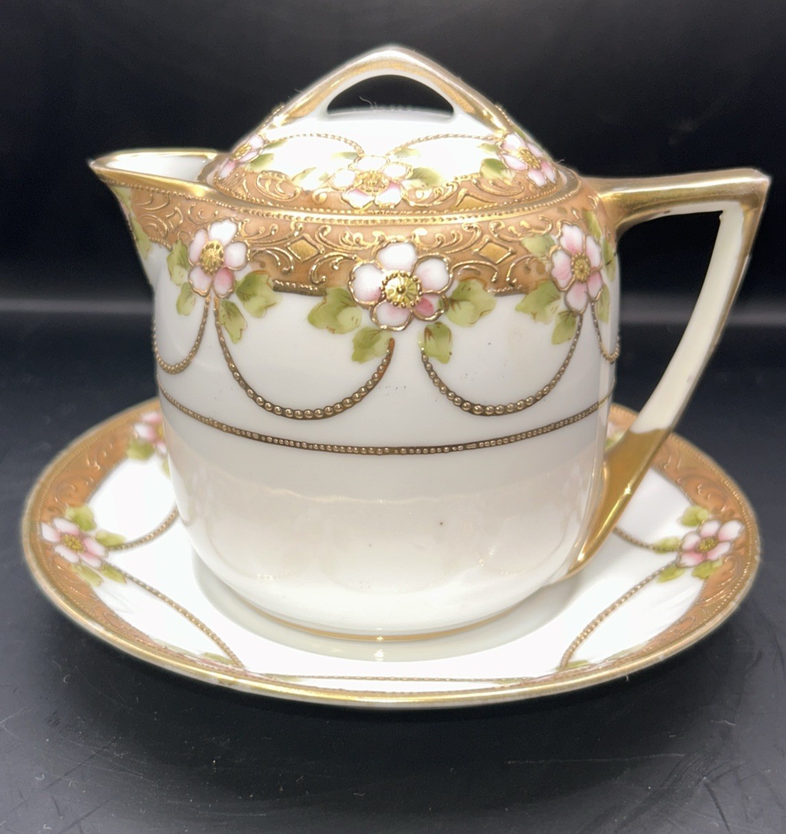 Antique Nippon Porcelain Condensed Milk Small Tea Pot Golden Moriage Flowers