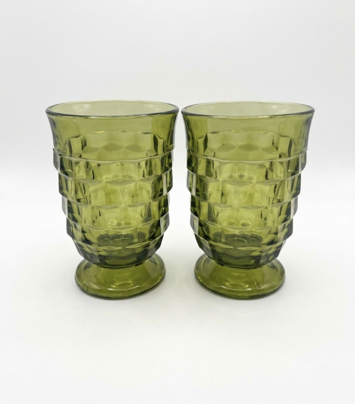 Set of 2 Indiana Glass Whitehall Cubist Green Avocado Footed Juice Glasses VTG
