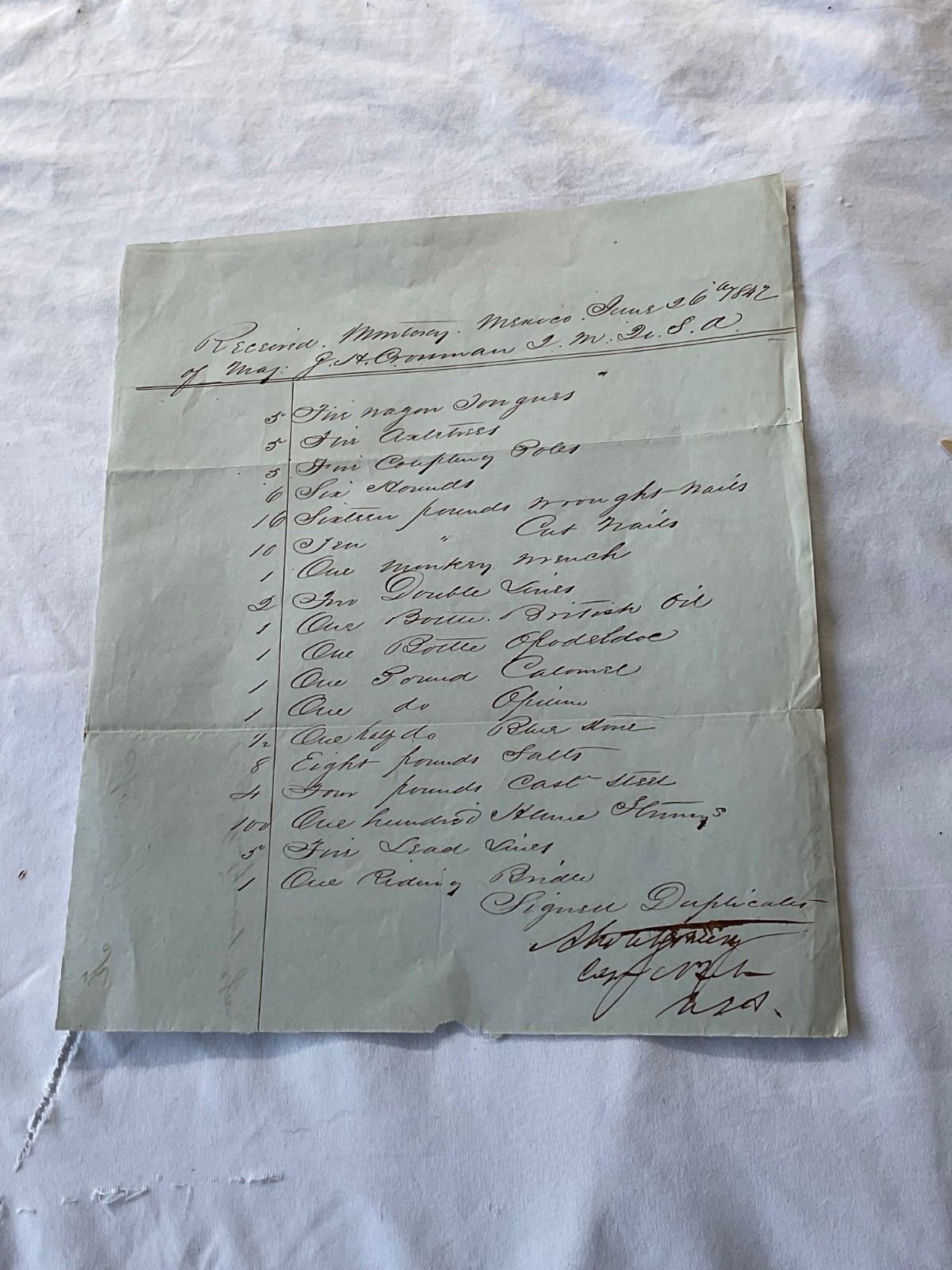 MONTERREY MEXICO 1847 US ARMY SUPPLY RECEIPT  VARIOUS SUPPLIES WAGONS RECIEVED