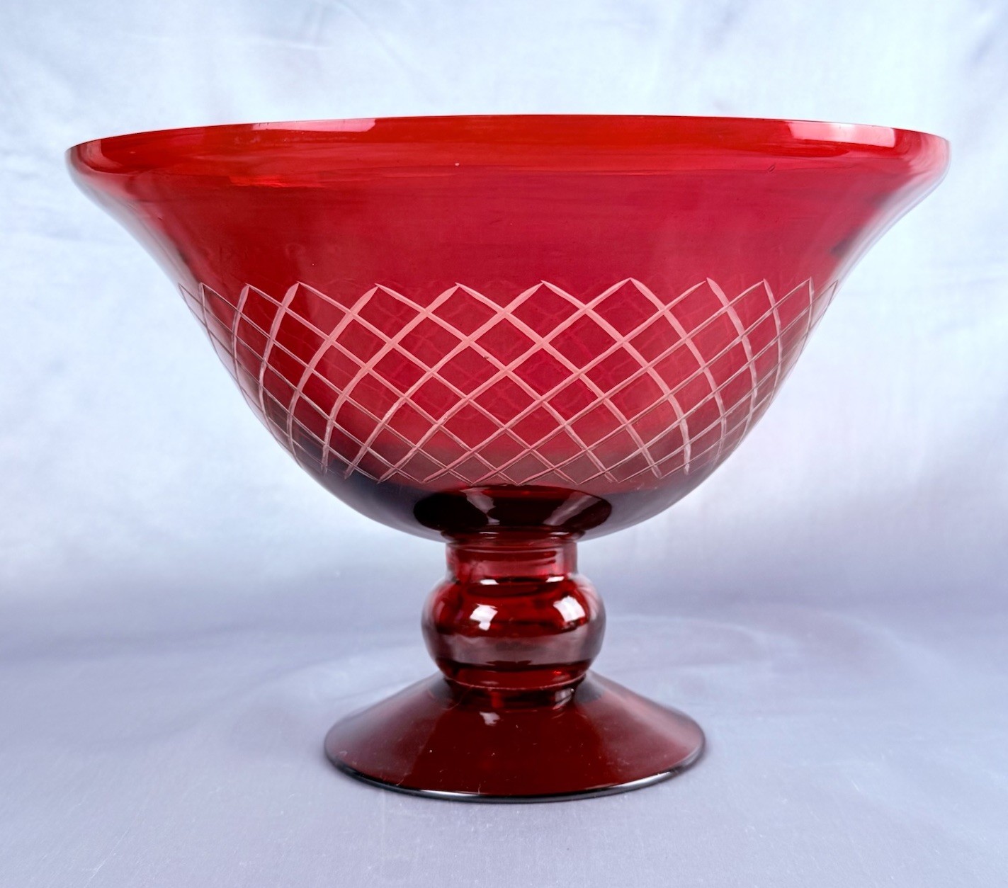 Ruby Red Cut Glass Pedestal Centerpiece Bowl Diamond Lattice 9” Vintage