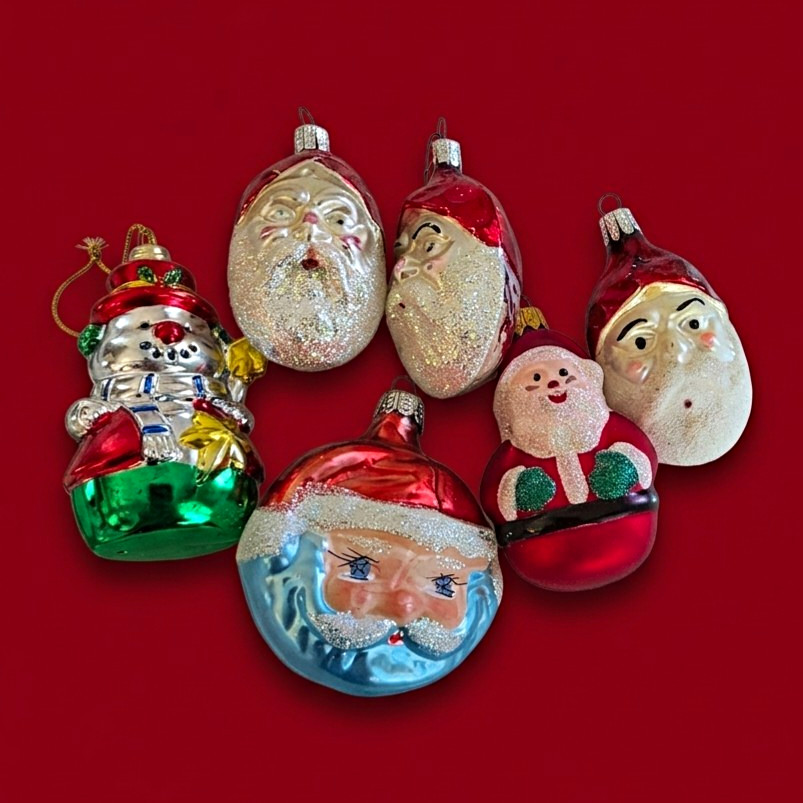 Set of 6 Vintage Glass Christmas Hanging Ornaments, Santa Faces, Multicolor