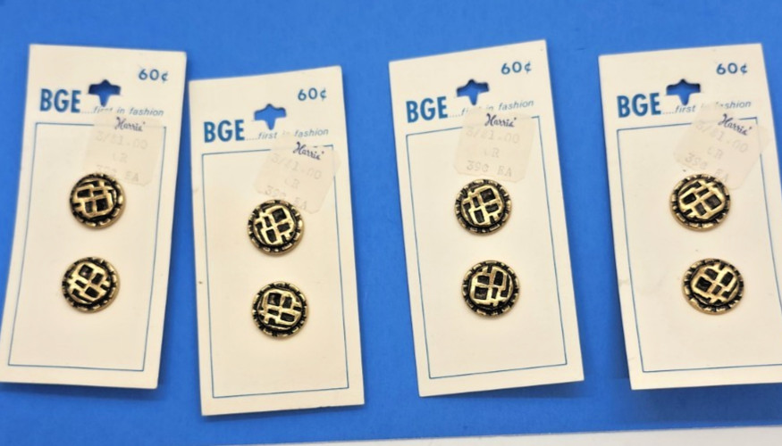 Vintage BGE Gold Tone Shank Buttons on Original Cards Geometric Design lot of 4