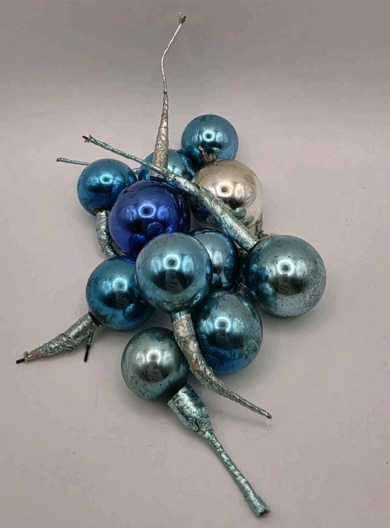 11 Vintage Mercury Glass Ball Ornament Lot Teal Blue Silver Wire DIY Christmas 