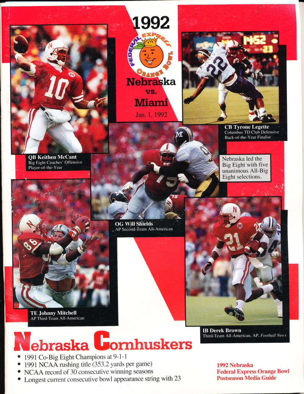 1992 Orange bowl guide Nebraska University 