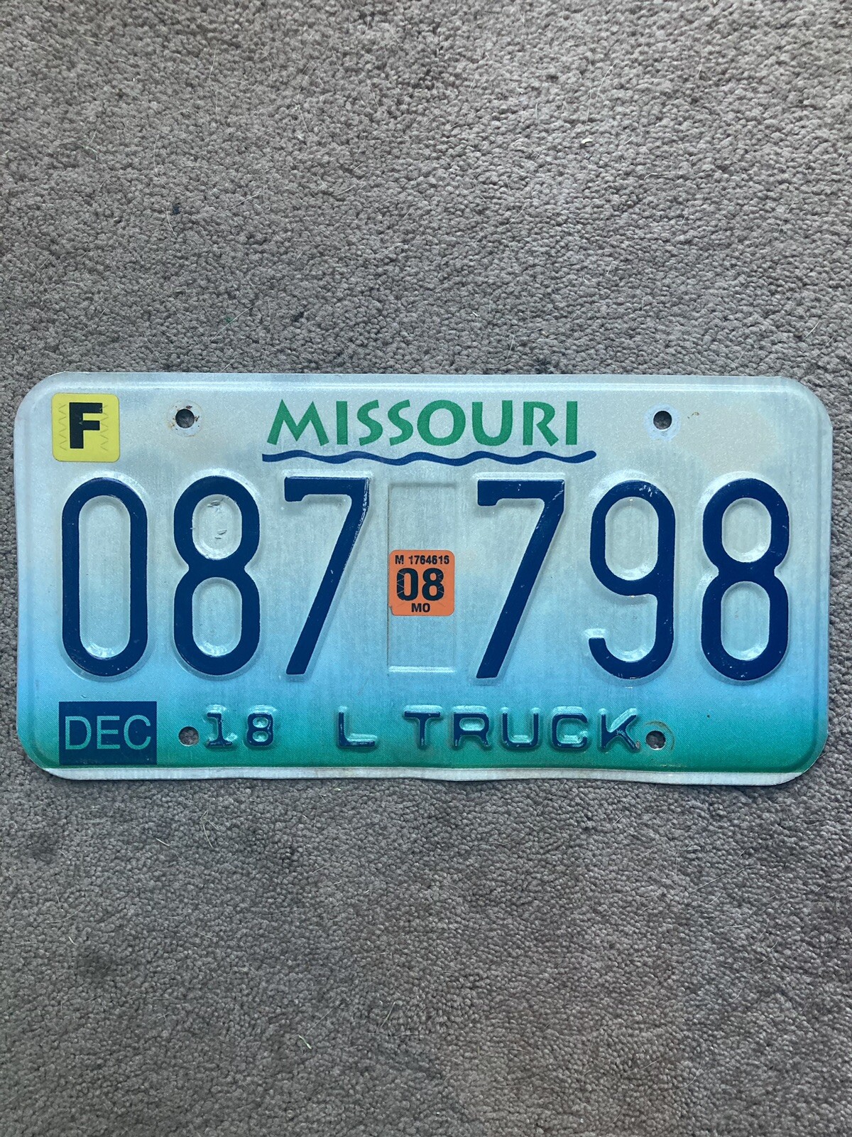 2008 Missouri Truck License Plate - 087 798 - Nice