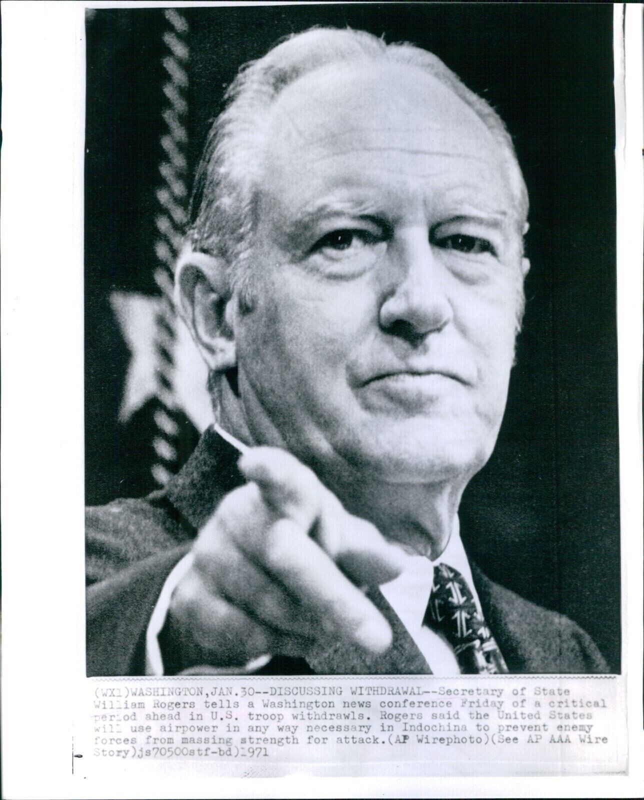 1971 William Rogers Wa News Conference Us Troop Withdrawals Wirephoto 8x10
