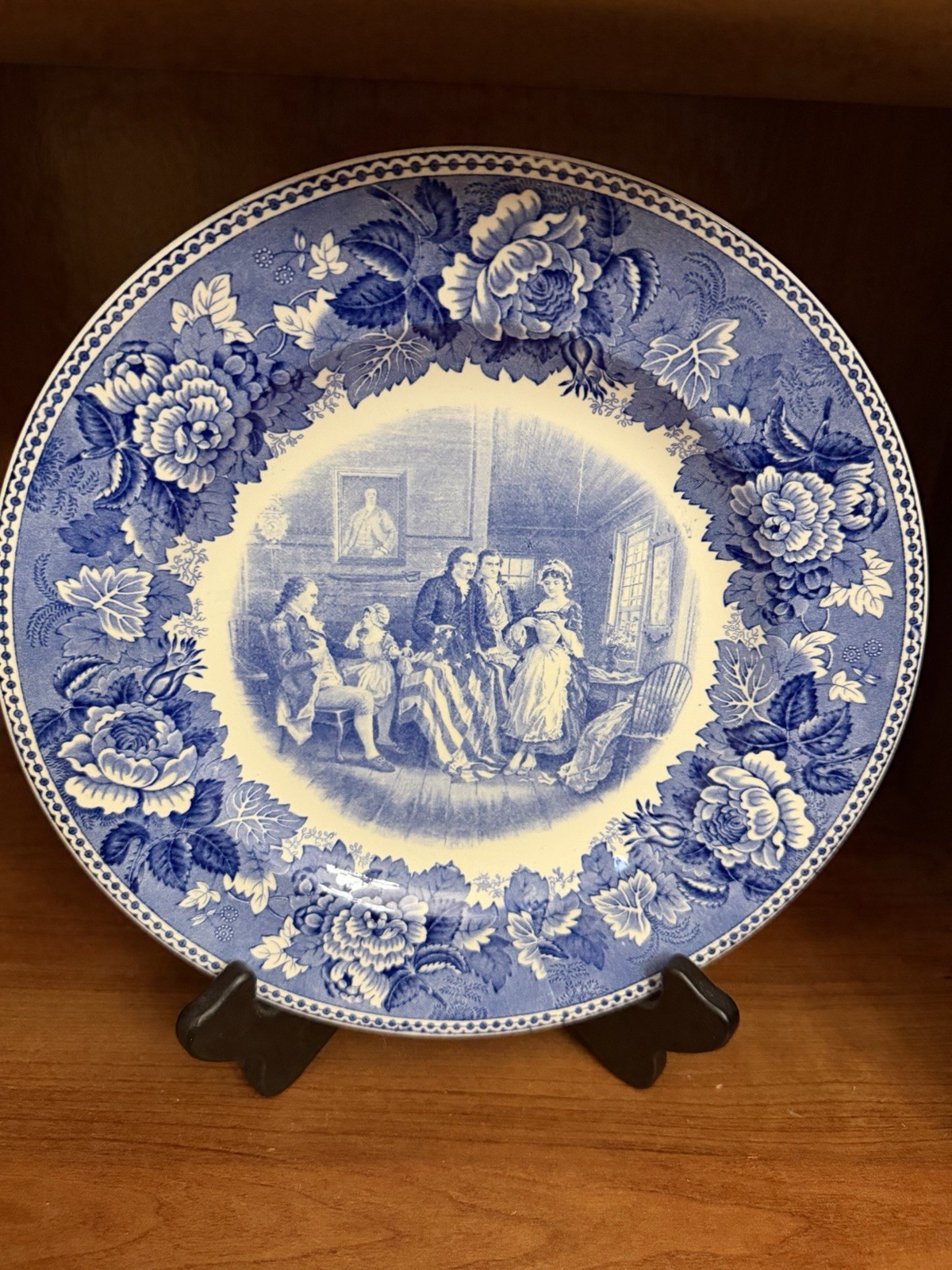1932 Wedgwood Birth of American Flag Betsy Ross DAR Blue Transferware Plate
