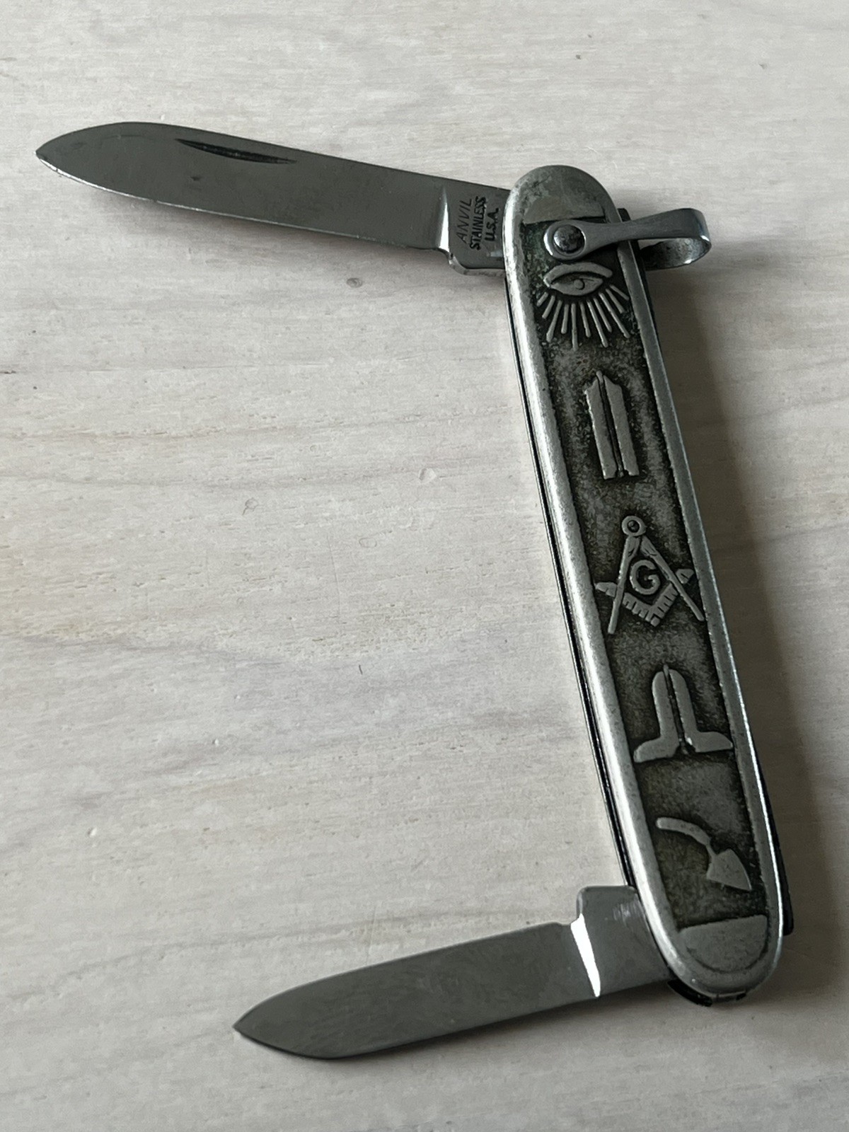 Vintage Antique Anvil USA Masonic Metal 2-Blade Folding Pen Pocket Knife Old
