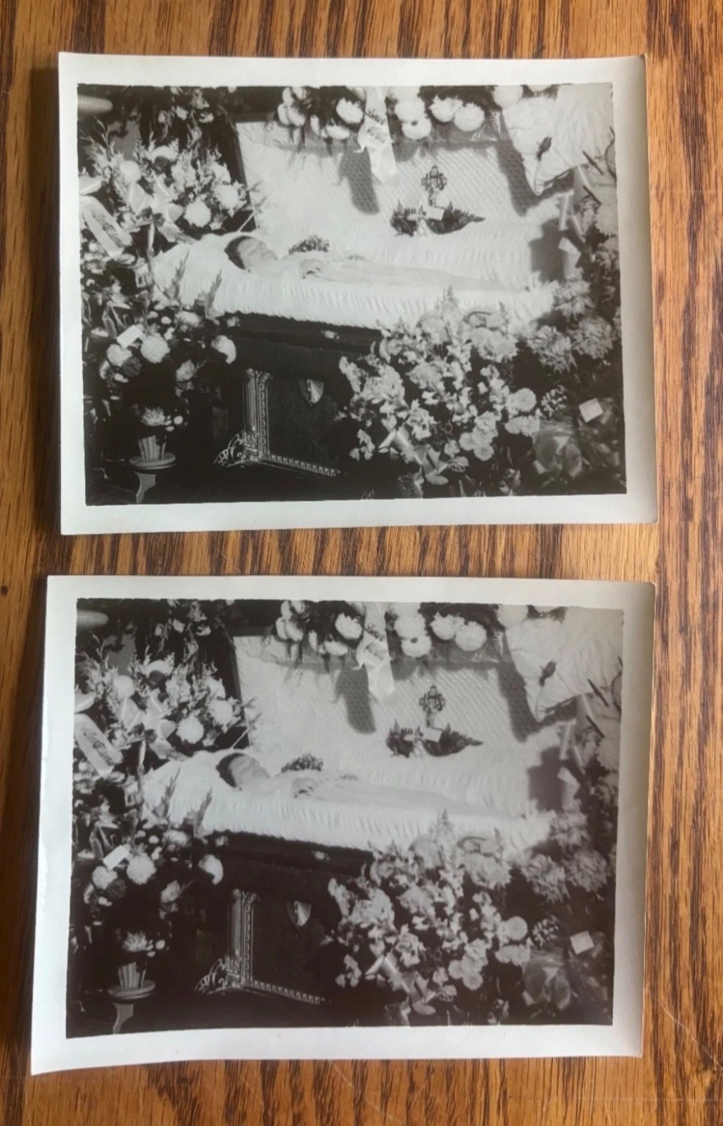 Title: Pair Vintage Post-Mortem Funeral Photos Open Casket Floral Display 1930s