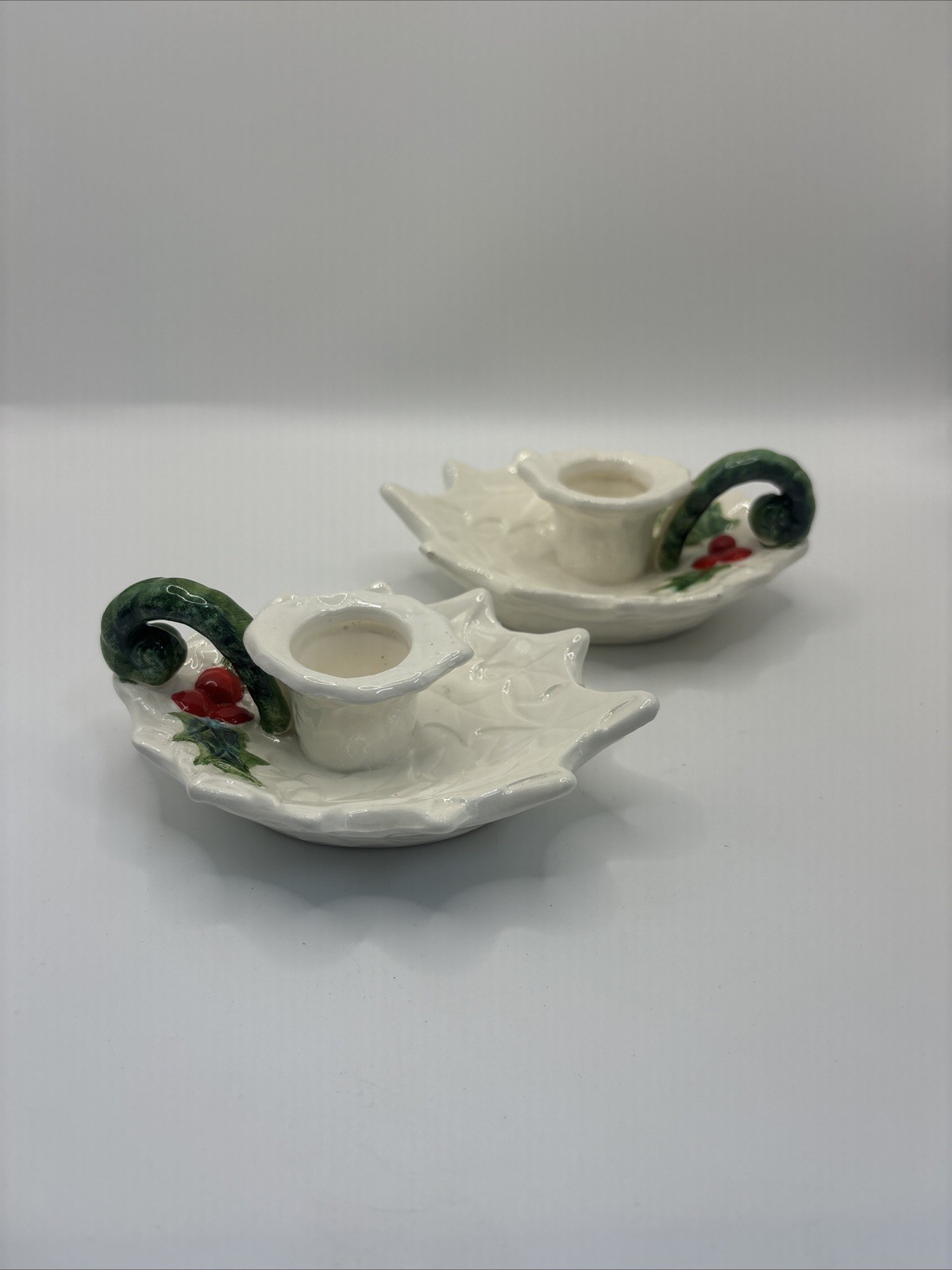Vintage Pair of Lefton White Holly Berry Candle Holders #6052 1970 Green Handle