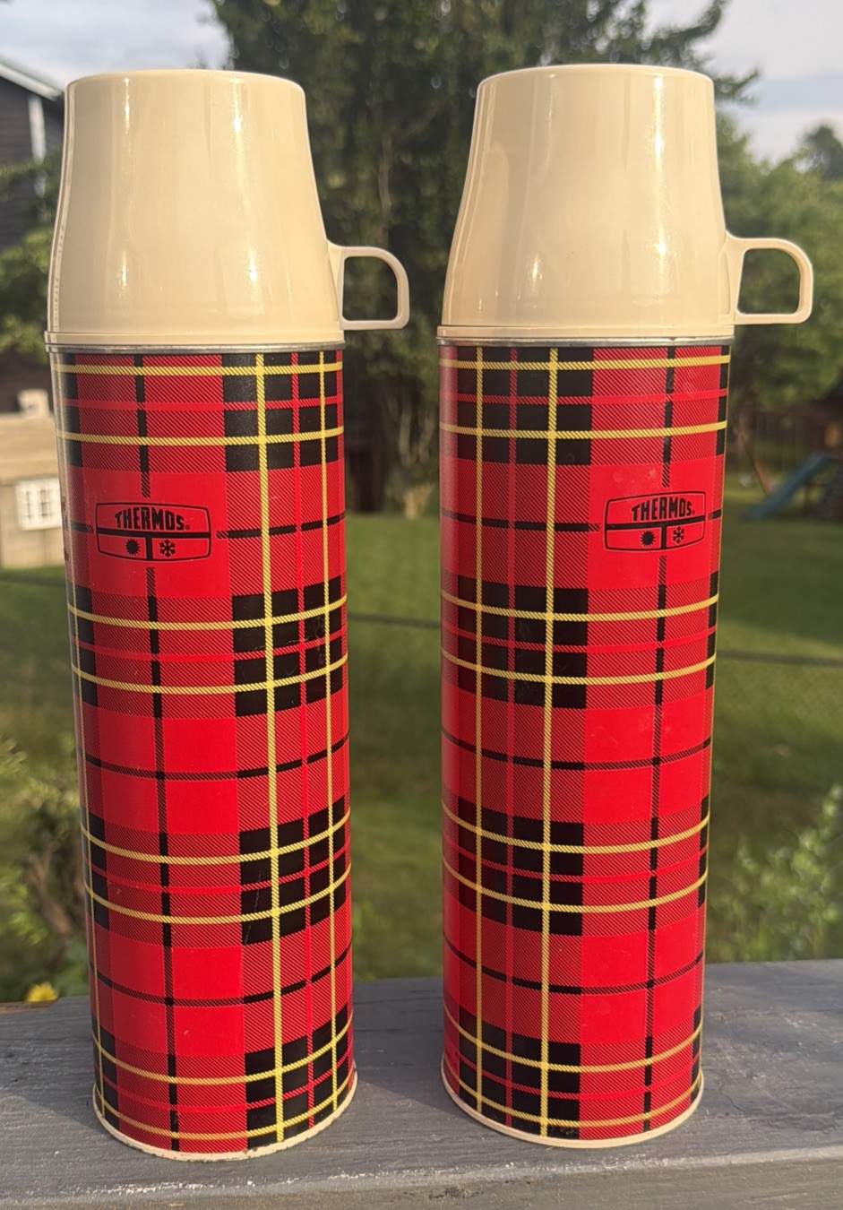 2 Vtg 1973 King Seeley Thermos Vacuum Glass Bottle Red Plaid