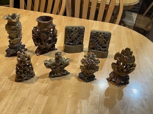 7 Chinese Intricate Carved Soap stone Vase With Leaf & Flower Patterns Soapstone