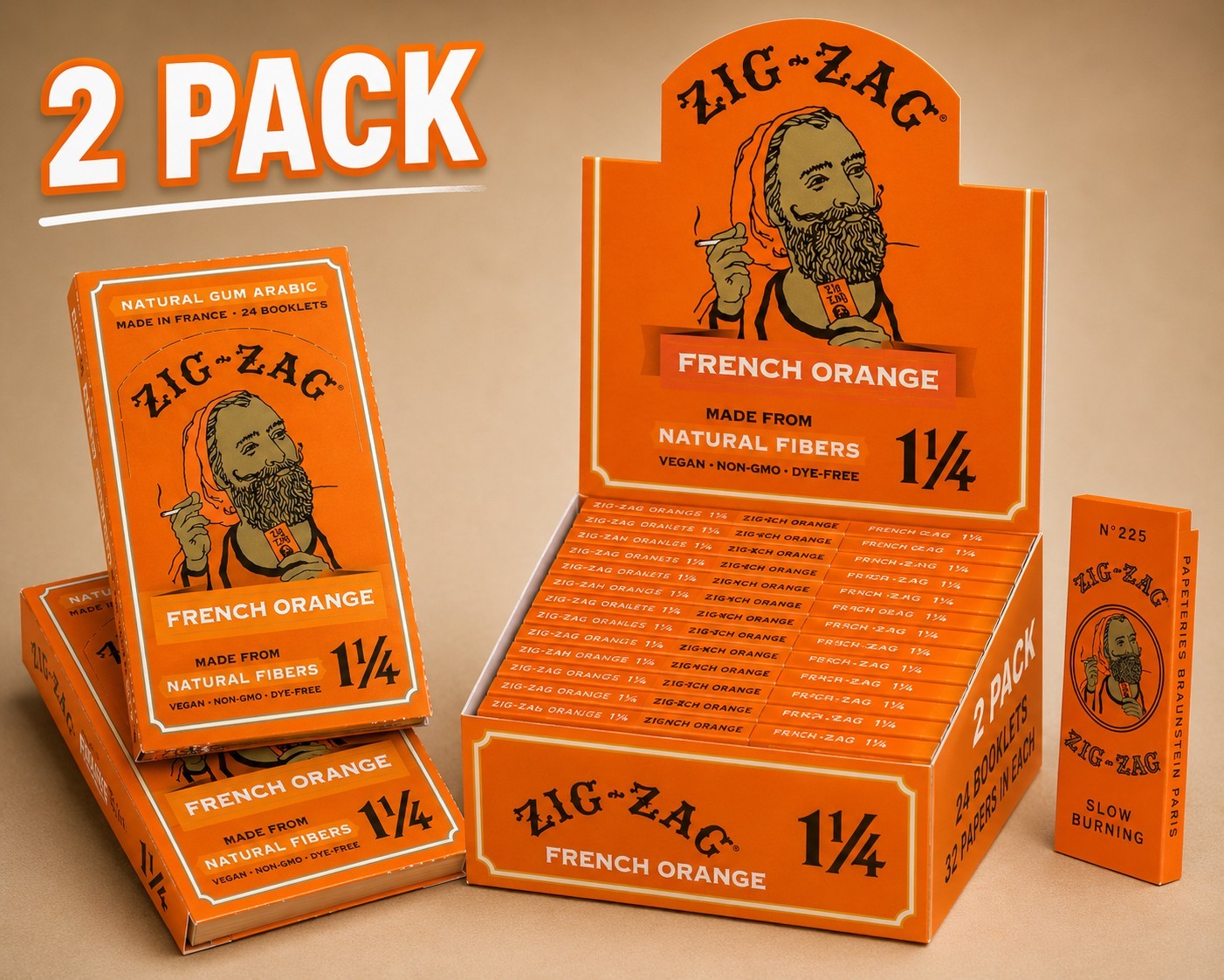 2 PACK Zig-Zag 1 1/4 Rolling Papers - 24 Booklet 32 Papers in Each French Orange