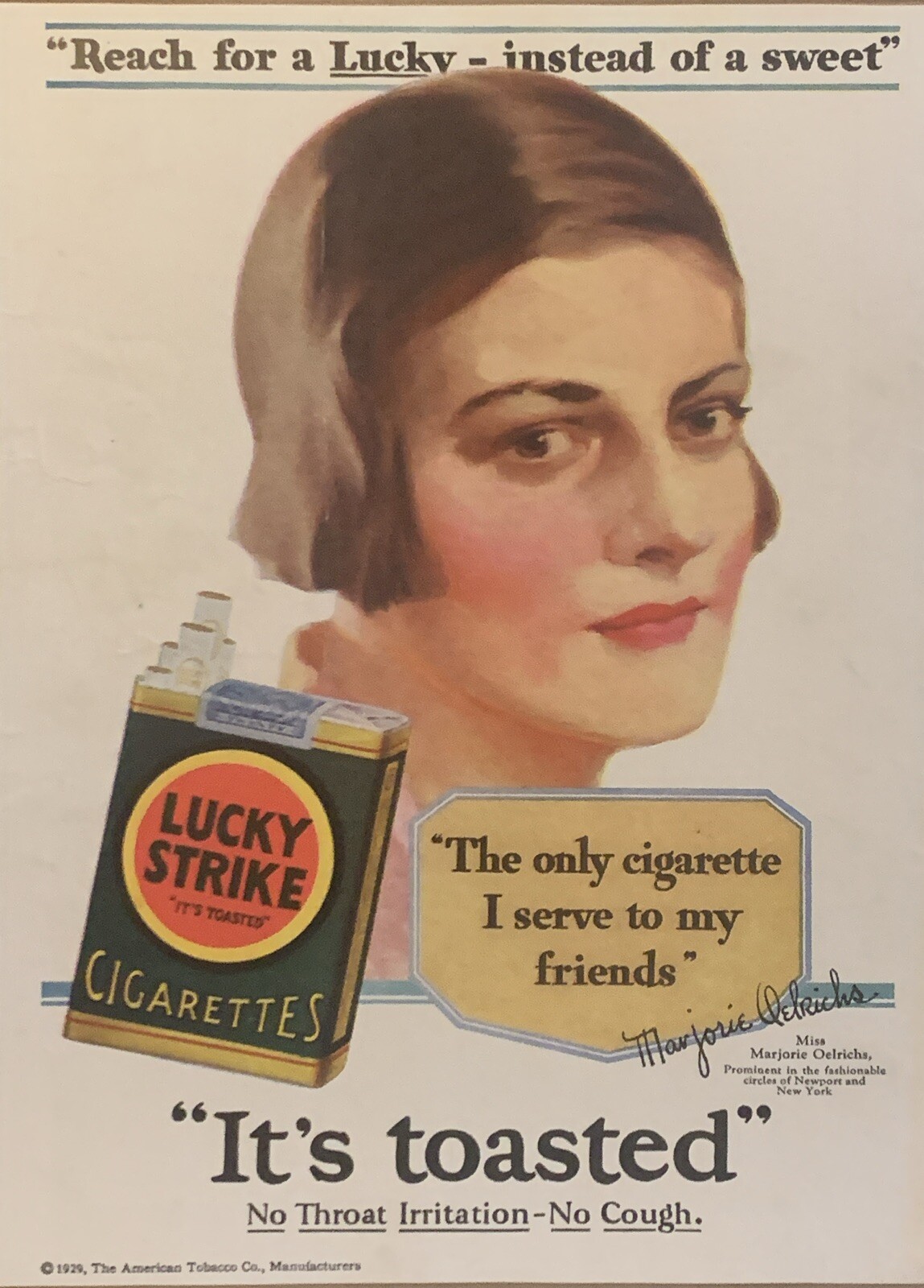 1929 Lucky Strike Cigarettes PRINT AD Marjorie Oelrichs New York Fashion VTG 20s 1929 Lucky Strike Cigarettes PRINT AD Marjorie Oelrichs New York Fashion VTG 20s