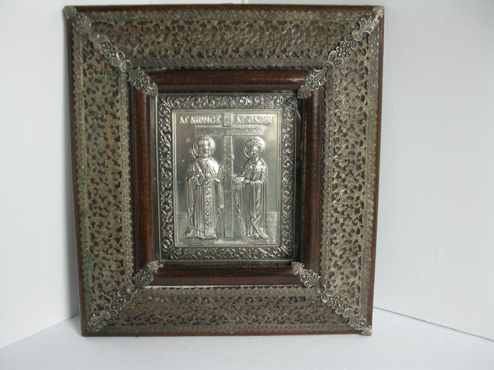 ANTIQUE Icon Ornate Silver Shadowbox Two Saints ST.HELEN & ST.CONSTANTINE